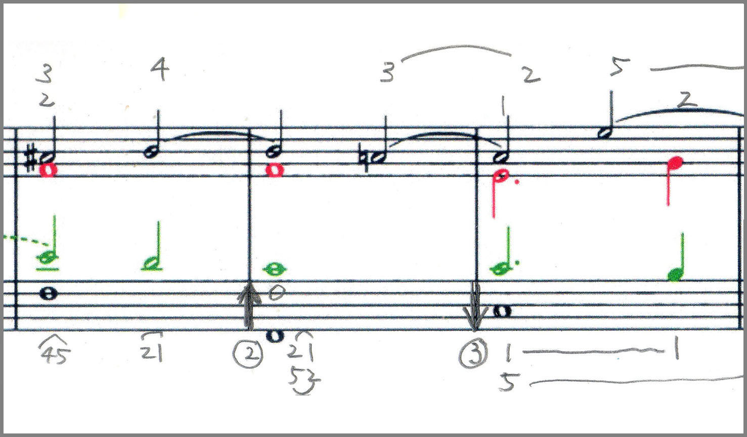 J.S.バッハ コラール前奏曲 BWV714 ポリフォニーの各声部を区別できるように色で塗り分けた楽譜 J.S.Bach Chorale Prelude BWV714 score Polyphonic voices are colour coded to distinguish them from one another