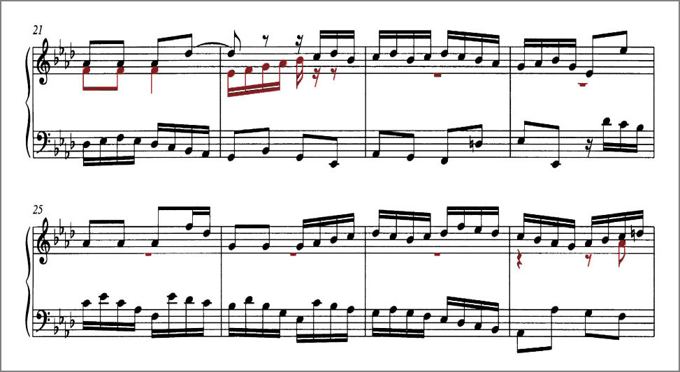 J.S.バッハ 平均律クラヴィーア曲集第2巻第12番フーガ BWV881 ポリフォニーの各声部を区別できるようにで塗り分けた楽譜 J.S.Bach The Well-Tempered Clavier, Book 2, No.12 Fugue BWV881 score Polyphonic voices are colour coded to distinguish them from one another