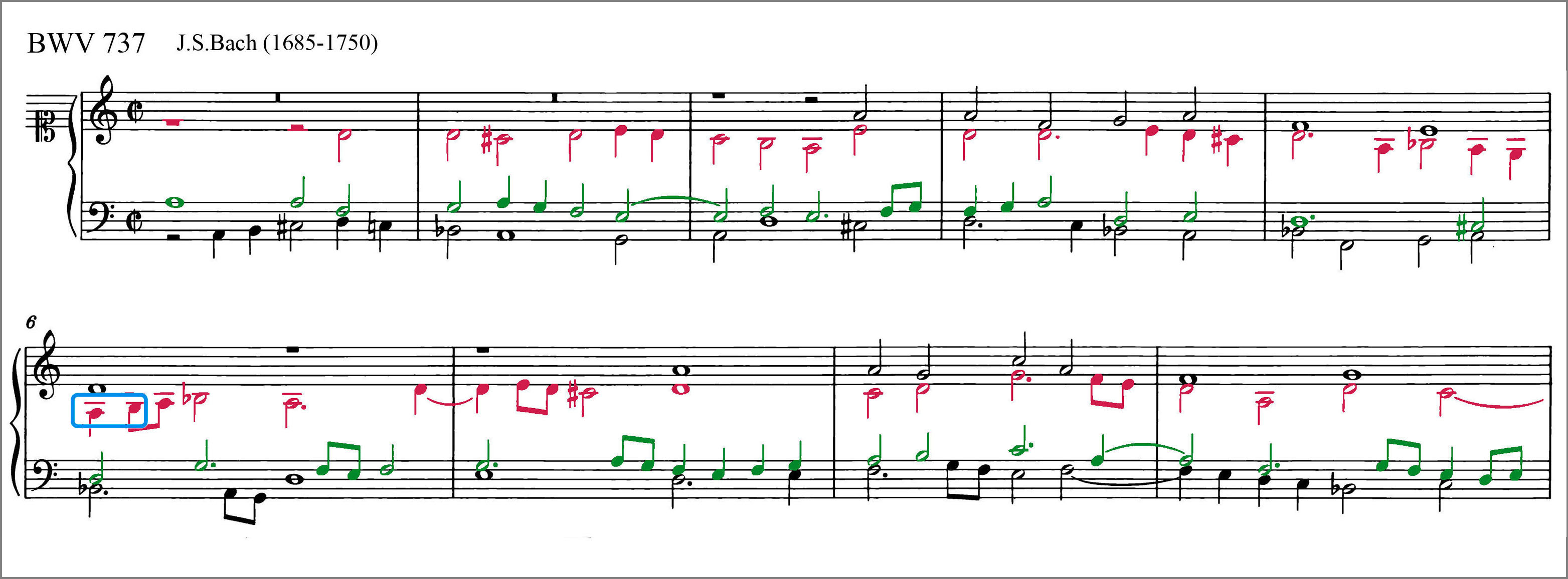 J.S.バッハ コラール前奏曲 BWV737 ポリフォニーの各声部を区別できるように色で塗り分けた楽譜 J.S.Bach Chorale Prelude BWV737 score Polyphonic voices are colour coded to distinguish them from one another