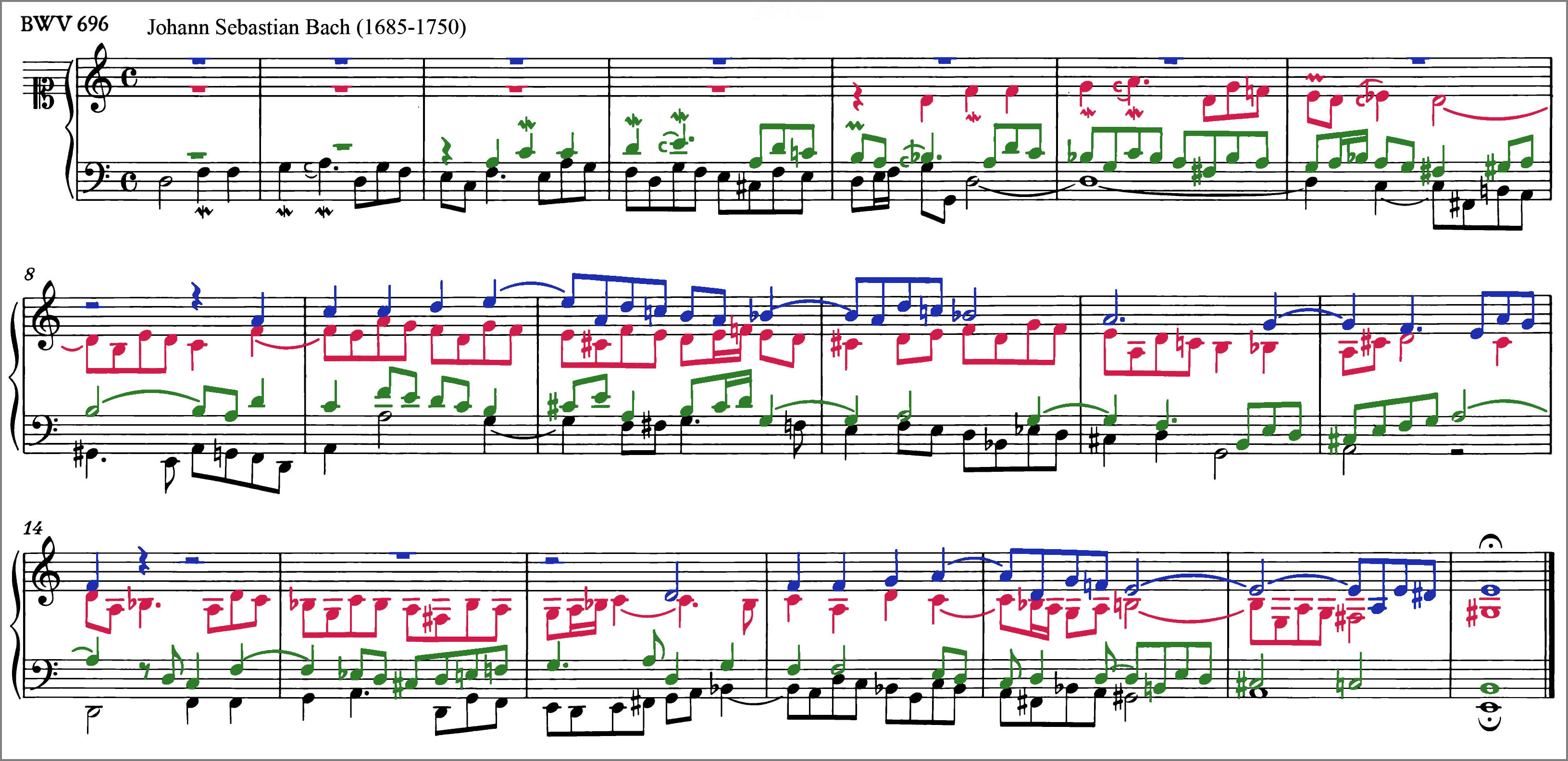 J.S.バッハ コラール前奏曲 BWV696 ポリフォニーの各声部を区別できるように色で塗り分けた楽譜 J.S.Bach Chorale Prelude BWV696 score Polyphonic voices are colour coded to distinguish them from one another