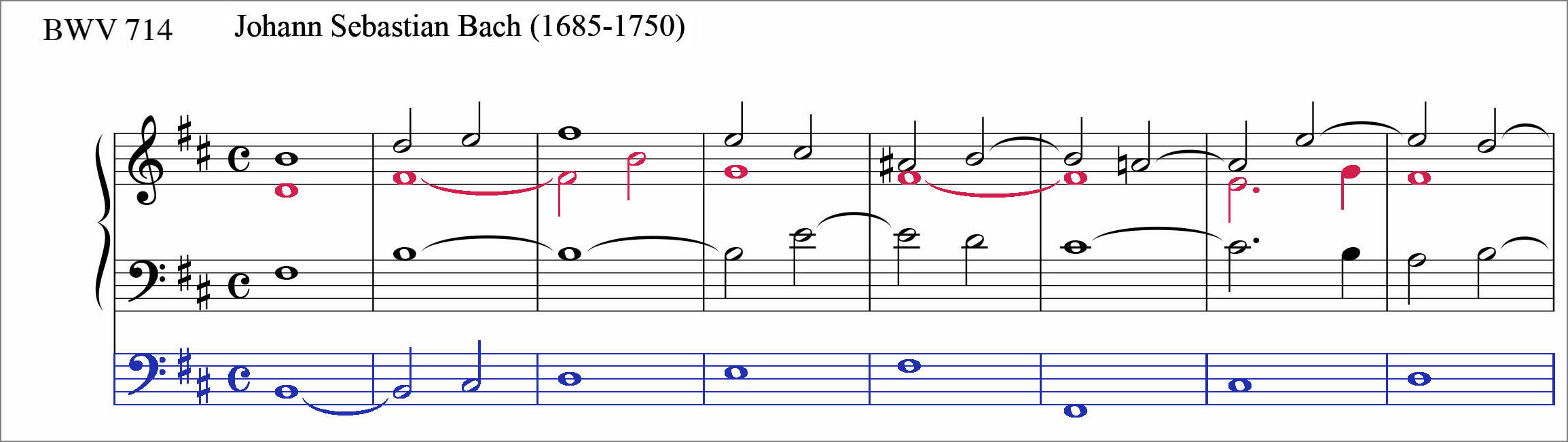 J.S.バッハ コラール前奏曲 BWV714 ポリフォニーの各声部を区別できるように色で塗り分けた楽譜 J.S.Bach Chorale Prelude BWV714 score Polyphonic voices are colour coded to distinguish them from one another