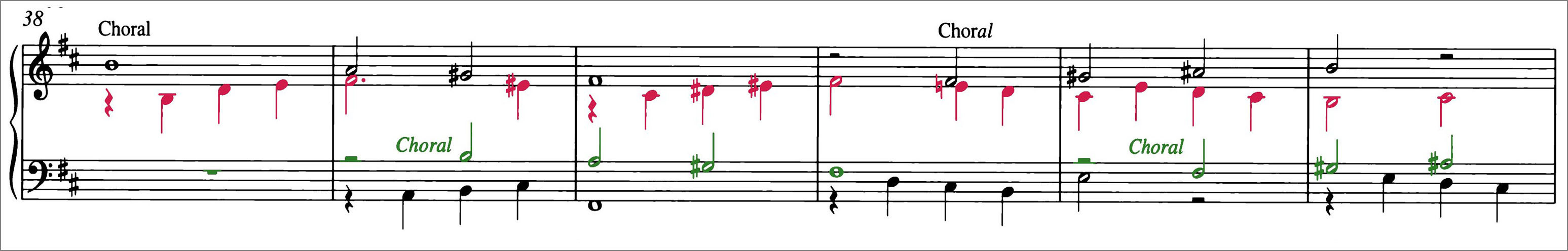 J.S.バッハ コラール前奏曲 BWV714の冒頭 ポリフォニーの各声部を区別できるように色で塗り分けた楽譜 Beginning of J.S.Bach Chorale Prelude BWV714 score Polyphonic voices are colour coded to distinguish them from one another