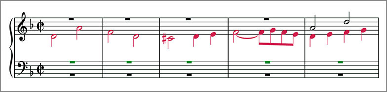 Beginning of J.S.Bach The Art of Fugue BWV1080 Contrapunctus 1 score Polyphonic voices are colour coded to distinguish them from one another
