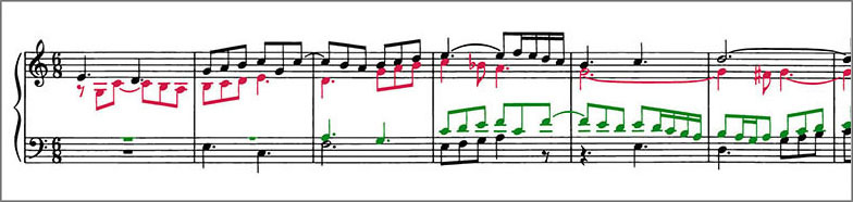 Beginning of J.S.Bach Chorale Prelude BWV673 score Polyphonic voices are colour coded to distinguish them from one another