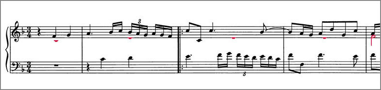 Beginning of J.S.Bach Chorale Prelude BWV675 score Polyphonic voices are colour coded to distinguish them from one another