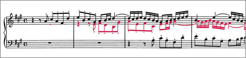 Beginning of J.S.Bach Chorale Prelude BWV677 score Polyphonic voices are colour coded to distinguish them from one another