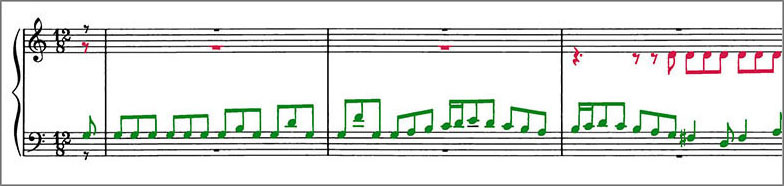 Beginning of J.S.Bach Chorale Prelude BWV679 score Polyphonic voices are colour coded to distinguish them from one another