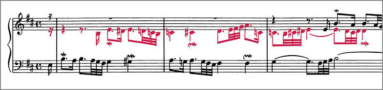 Beginning of J.S.Bach Chorale Prelude BWV681 score Polyphonic voices are colour coded to distinguish them from one another