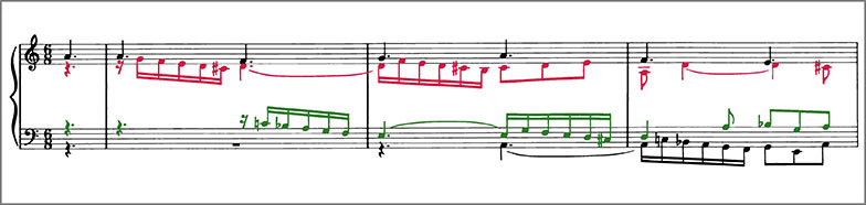 Beginning of J.S.Bach Chorale Prelude BWV683 score Polyphonic voices are colour coded to distinguish them from one another