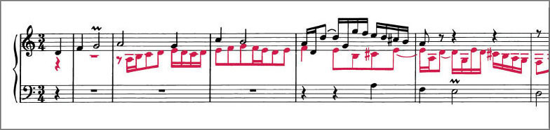 Beginning of J.S.Bach Chorale Prelude BWV685 score Polyphonic voices are colour coded to distinguish them from one another
