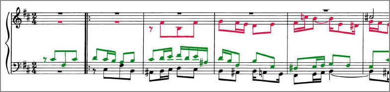 Beginning of J.S.Bach Chorale Prelude BWV687 score Polyphonic voices are colour coded to distinguish them from one another
