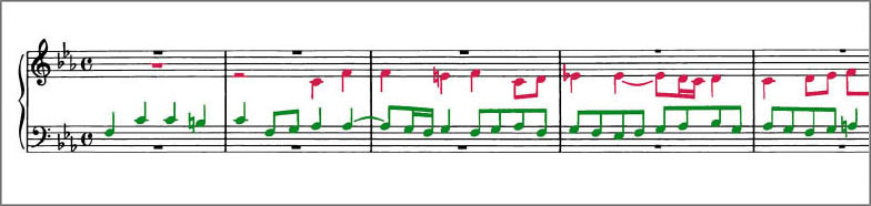 Beginning of J.S.Bach Chorale Prelude BWV689 score Polyphonic voices are colour coded to distinguish them from one another