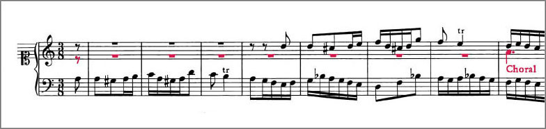 Beginning of J.S.Bach Chorale Prelude BWV695 score Polyphonic voices are colour coded to distinguish them from one another