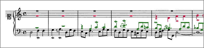 Beginning of J.S.Bach Chorale Prelude BWV696 score Polyphonic voices are colour coded to distinguish them from one another