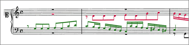 Beginning of J.S.Bach Chorale Prelude BWV697 score Polyphonic voices are colour coded to distinguish them from one another