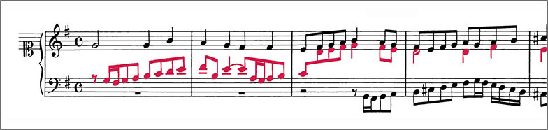 Beginning of J.S.Bach Chorale Prelude BWV698 score Polyphonic voices are colour coded to distinguish them from one another