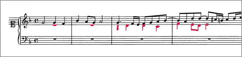 Beginning of J.S.Bach Chorale Prelude BWV699 score Polyphonic voices are colour coded to distinguish them from one another