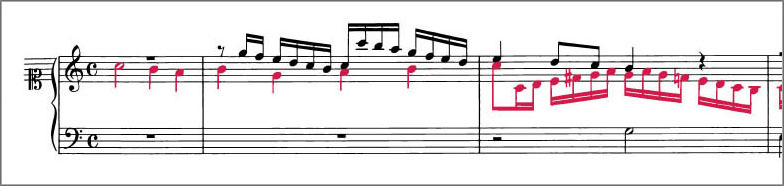 Beginning of J.S.Bach Chorale Prelude BWV701 score Polyphonic voices are colour coded to distinguish them from one another