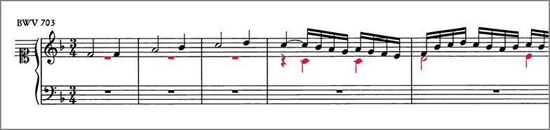 Beginning of J.S.Bach Chorale Prelude BWV703 score Polyphonic voices are colour coded to distinguish them from one another