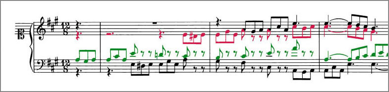 Beginning of J.S.Bach Chorale Prelude BWV712 score Polyphonic voices are colour coded to distinguish them from one another