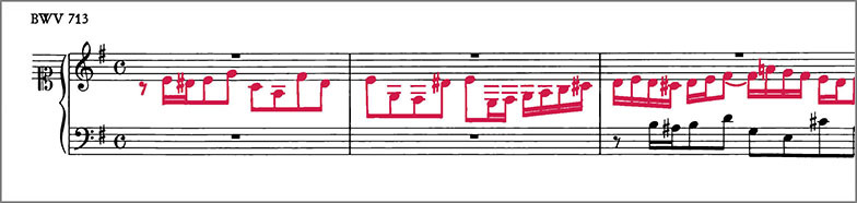 Beginning of J.S.Bach Chorale Prelude BWV713 score Polyphonic voices are colour coded to distinguish them from one another