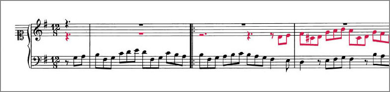 Beginning of J.S.Bach Chorale Prelude BWV717 score Polyphonic voices are colour coded to distinguish them from one another