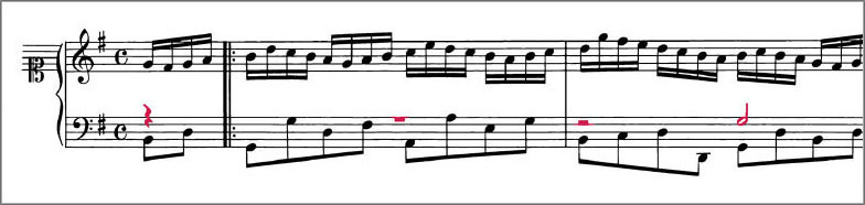 Beginning of J.S.Bach Chorale Prelude BWV734 score Polyphonic voices are colour coded to distinguish them from one another