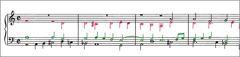 Beginning of J.S.Bach Chorale Prelude BWV737 score Polyphonic voices are colour coded to distinguish them from one another